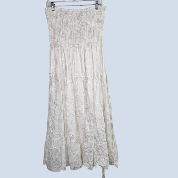 NWT WHITE HOUSE BLACK MARKET Midi Dress WHITE w SILVER Floral size L Smocked - Picture 10 of 11